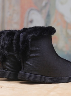 【新中式真丝棉靴】老北京布鞋女冬季一脚蹬加绒棉鞋高筒保暖棉鞋