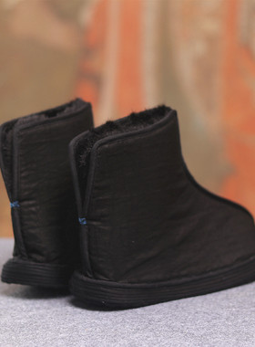 【新中式】香云纱加绒保暖靴子冬女纯手工千层底棉靴国风平底高筒