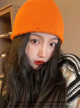 ins橙色破洞毛线帽子女秋冬天街头时尚雅痞瓜皮帽韩版百搭针织帽