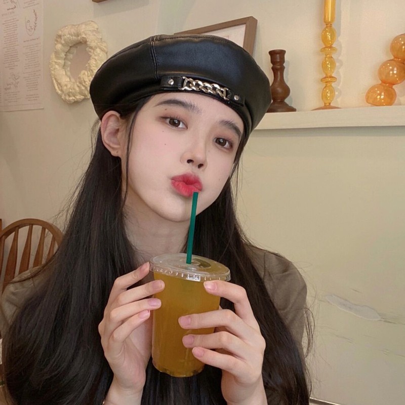 时尚链条皮质贝雷帽子女英伦休闲复古八角帽韩版潮百搭pu皮画家帽