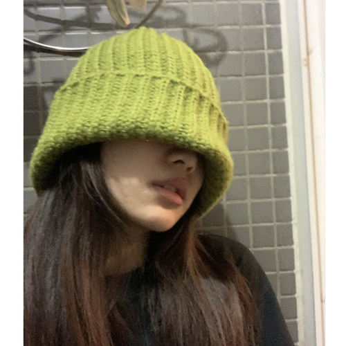 大头围绿色显白简约百搭毛线帽子