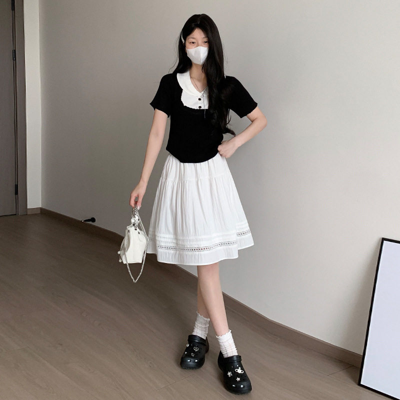 法式白色镂空蕾丝五分裙女夏季薄款高腰宽松显瘦百搭A字半身短裙