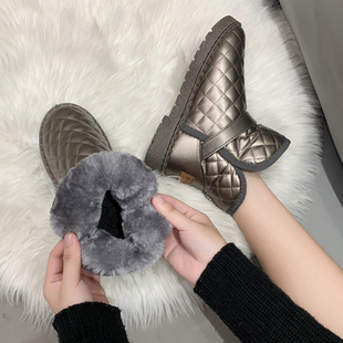 东北户外雪地靴女加绒加厚防水防滑皮面短靴一脚蹬面包鞋 保暖棉鞋