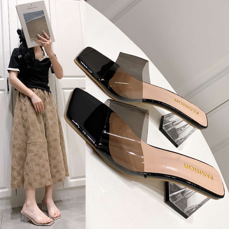 配裙子透明拖鞋女仙女风温柔鞋夏2024新款时尚外穿水晶高跟凉拖鞋