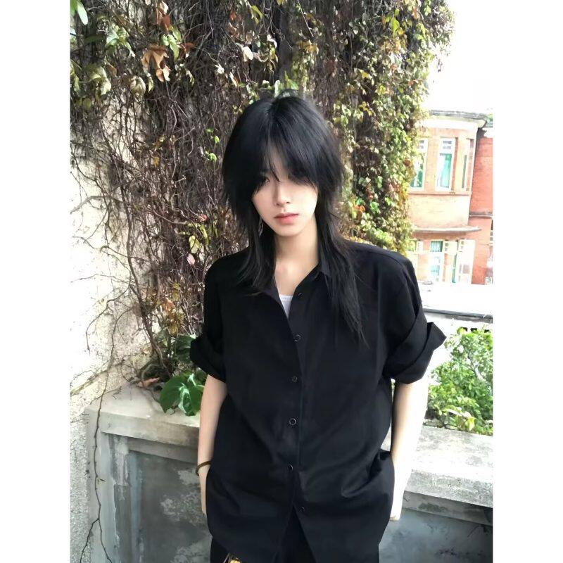 休闲慵懒风黑色短袖衬衫男女宽松方领冰丝夏季百搭衬衣