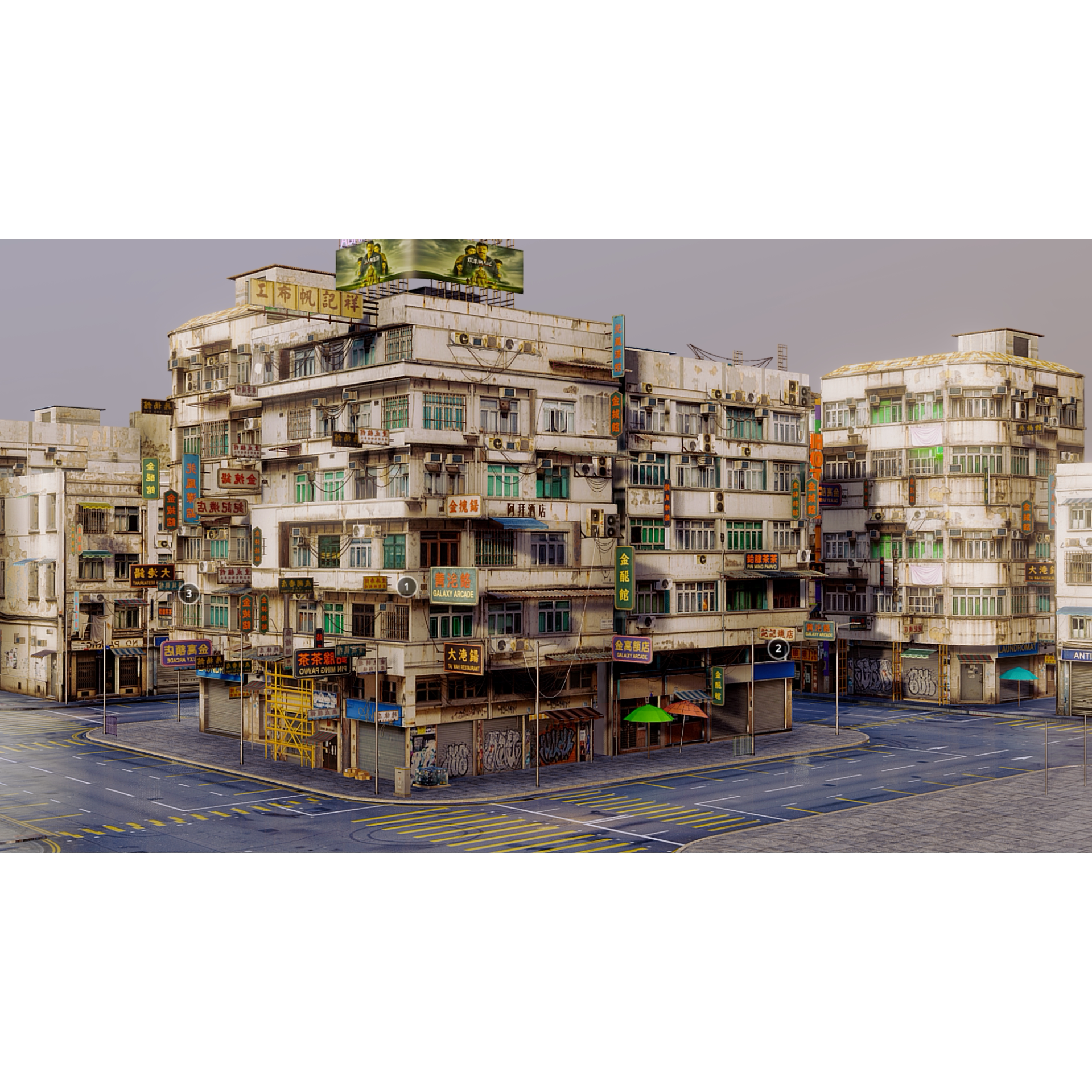 Blender城市街区街道香港居民楼3d模型素材含贴图FBX/obj/glb图片