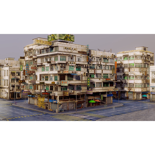Blender城市街区街道香港居民楼3d模型素材含贴图FBX/obj/glb