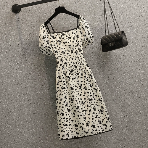 高级感绝美小裙子女夏天大码微胖mm复古旗袍改良版碎花方领连衣裙