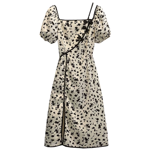 高级感绝美小裙子女夏天大码微胖mm复古旗袍改良版碎花方领连衣裙