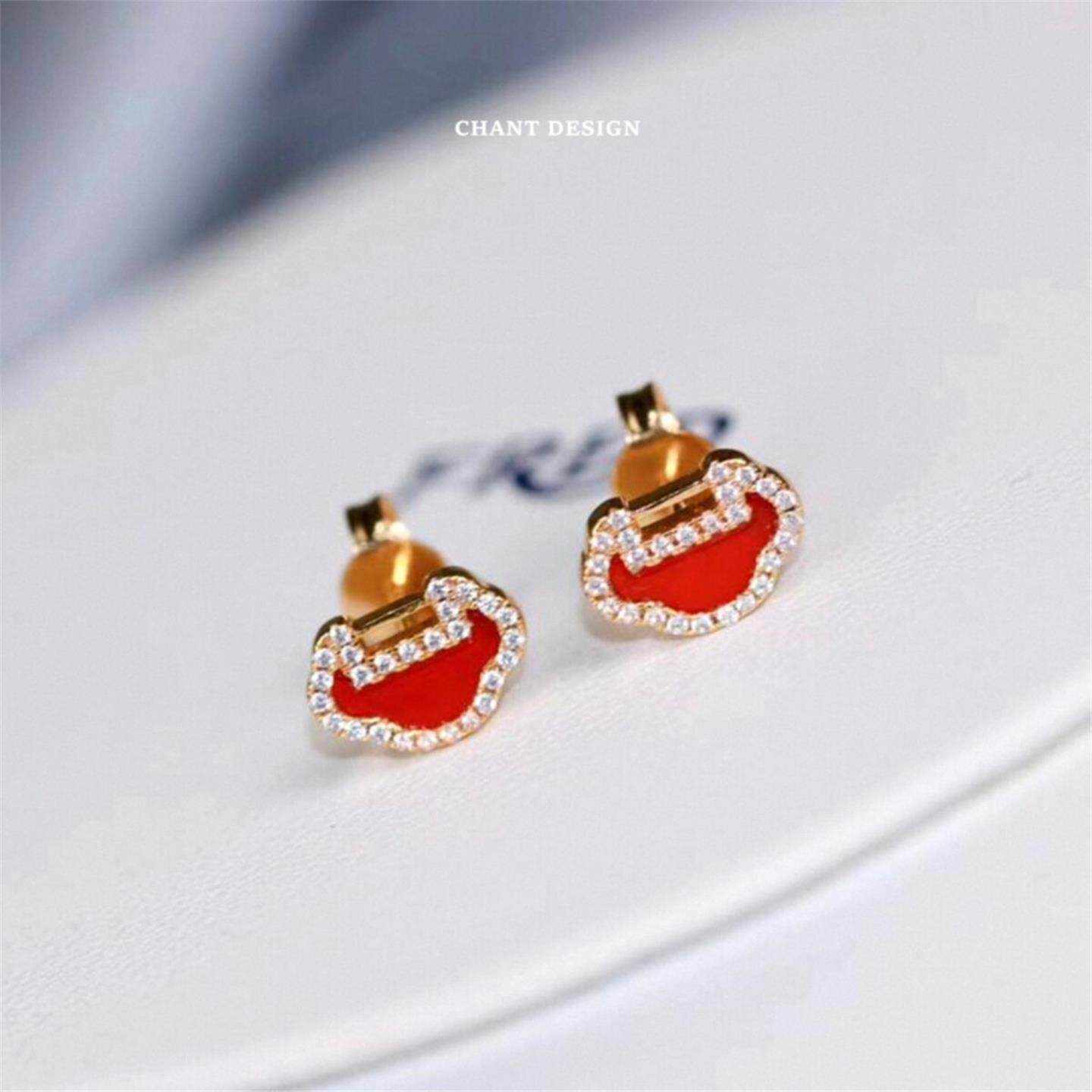 如意锁耳钉女纯银镀玫瑰金18.K红玉髓葫芦耳环镶钻平安小锁四叶草