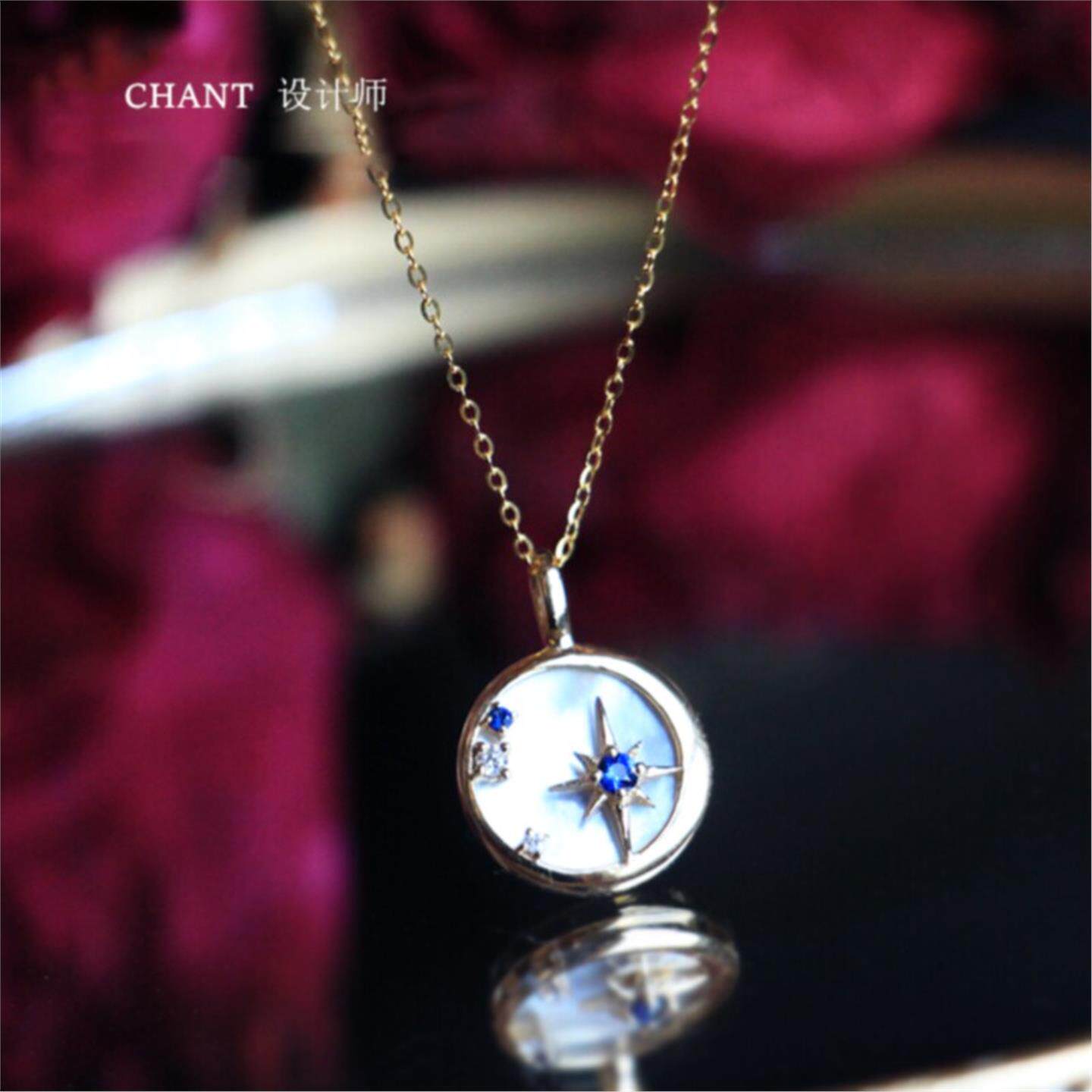 一段情话星月母贝项链女纯银镀黄金色蓝宝石色圆牌吊坠锁骨链镶钻