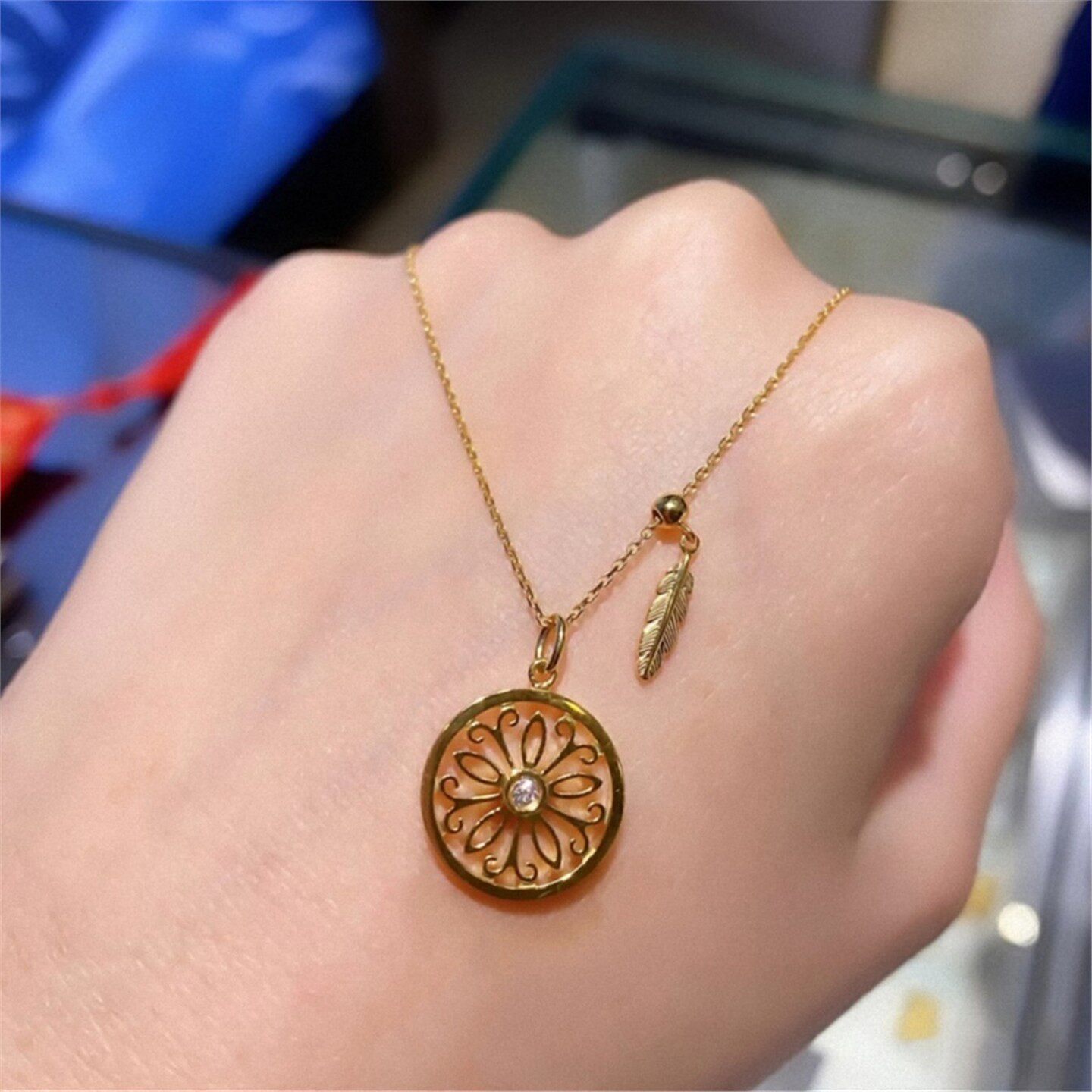 守护之瞳项链女18K.金纯银星动之轮钻石锁骨链羽毛捕梦网吊坠个性