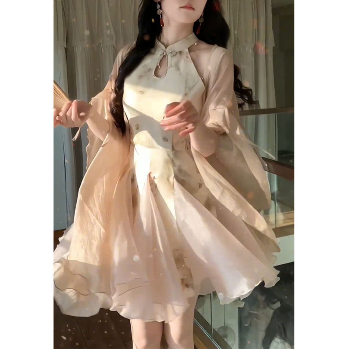 温柔风晕染蝴蝶结新中式吊带裙2025夏新款超仙欧根纱甜美连衣裙子
