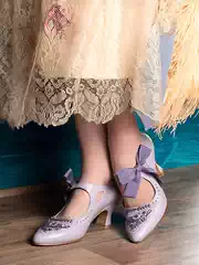 Sweet Dream Girl~Purple Handmade Beaded Mary Jane Shoes with Genuine Leather Strap and Bow, High-Heeled Shoes for Girls
