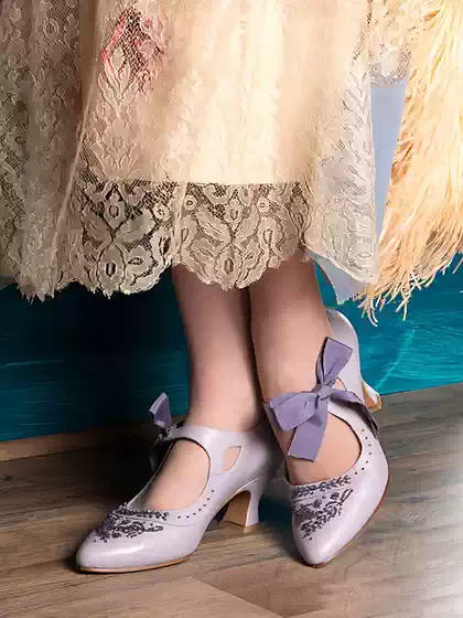 Sweet Dream Girl~Purple Handmade Beaded Mary Jane Shoes with Genuine Leather Strap and Bow, High-Heeled Shoes for Girls