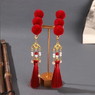 国风新年红色糖葫芦毛球流苏发夹对夹古风汉服儿童发饰喜庆头饰品