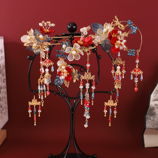 新款红色秀禾花朵头饰复古发簪流苏古风中式新娘婚礼秀禾服龙凤