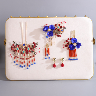 中式秀禾头饰红蓝色新款新娘发饰套装古风结婚流苏发簪耳环