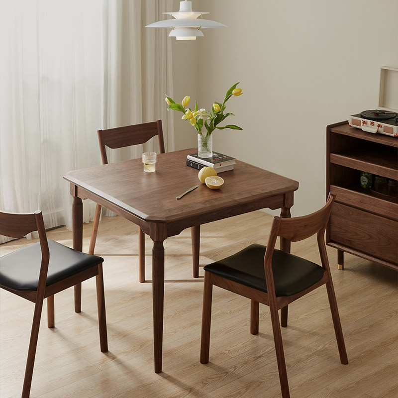 留意北欧实木正方形餐桌现代简约复古家用组合小户型黑胡桃木饭桌