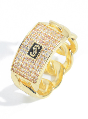 个性时尚嘻哈几何锆石戒指14K金满钻古巴链条设计感潮人指环