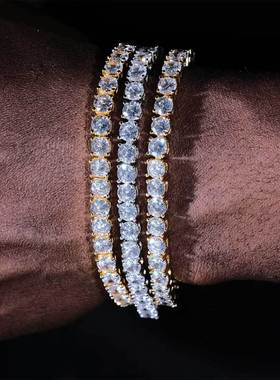 爆款网球链锆石手链潮牌嘻哈铜镀18K金男士手链饰品