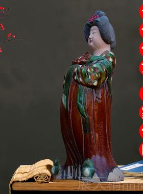 正品洛阳唐三彩仕彩女彩绘陶胖妞肥俑婆三艺术摆古玩收藏唐仕女件