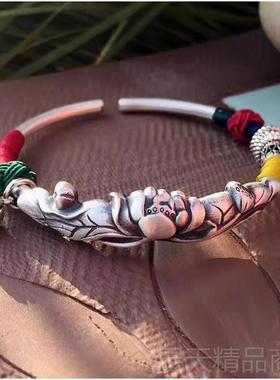 正品原创新品民族风手工线莲藕莲花99手9坠纯银饰品镯开口绕莲蓬