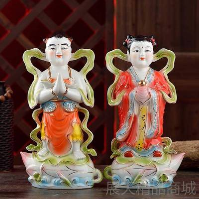 正品陶金瓷童玉女像神供像奉佛招财童男童女送财观音童子风水摆件