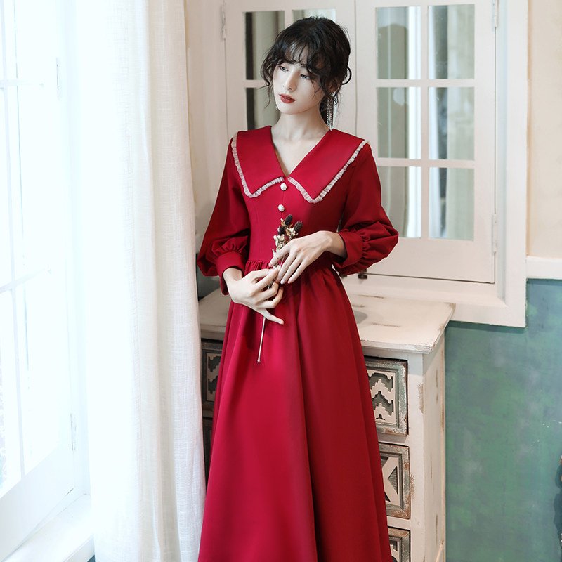 敬酒服酒红色结婚衣服新娘礼服回门便装平时可穿订婚连衣裙长袖春