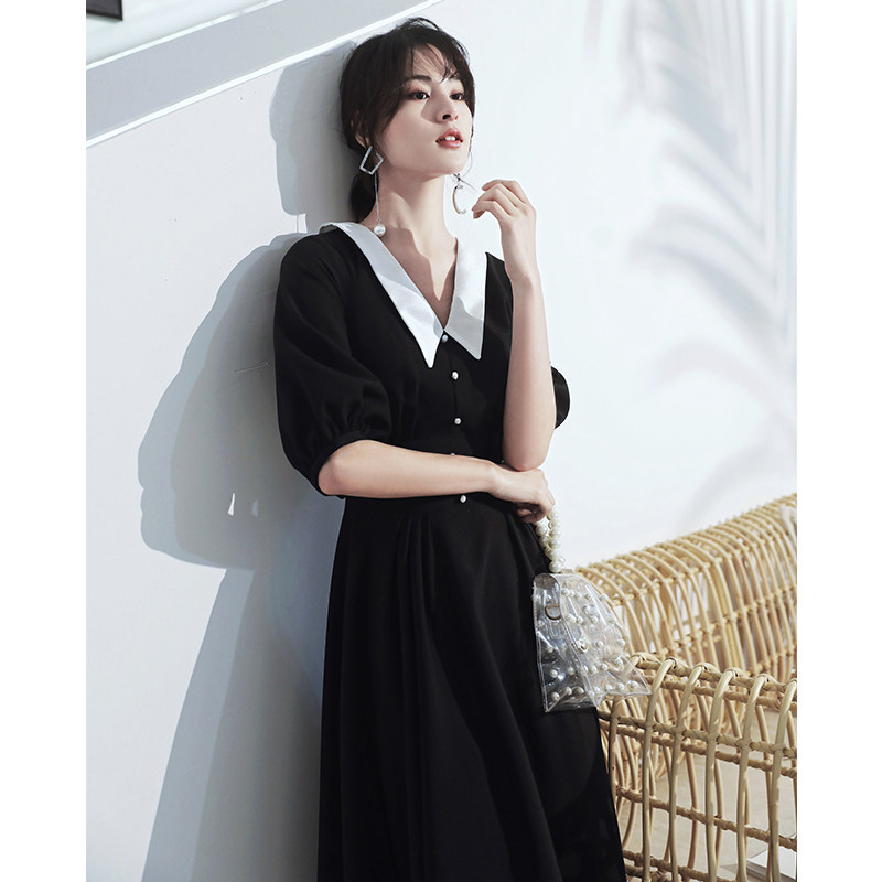 法式复古赫本风黑色聚会连衣裙夏收腰显瘦气质女神范衣服宴会礼服