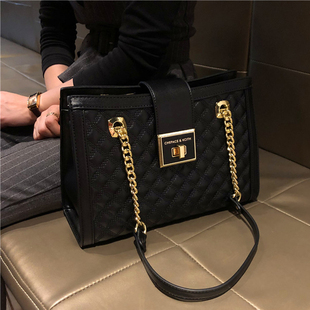 潮牌韩版真皮新款时尚菱格链条托特包包女大容量单肩包斜挎包妈妈