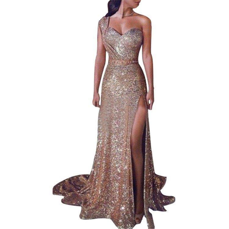 long sexy one shoulder hot gold long evening gown 女士晚礼服