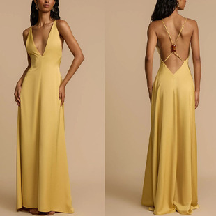 neck satin long Sexy v领缎面长款 dress 连衣裙女 backless