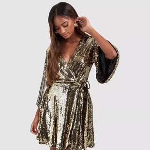 loose fitting sleeved neck dress long belt bead sequined