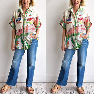 Linen Single Row Female Button Printed Multi Shirt Graffiti