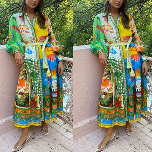 graffiti big swing Printed sleeved tie long dress裙 cardigan