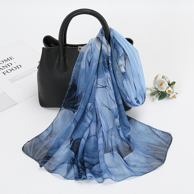 Chiffon printed lotus pond moonlight scarf small scarf 纱巾