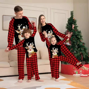 Family Christmas Sets Printed Pajamas Deer Home Checkered