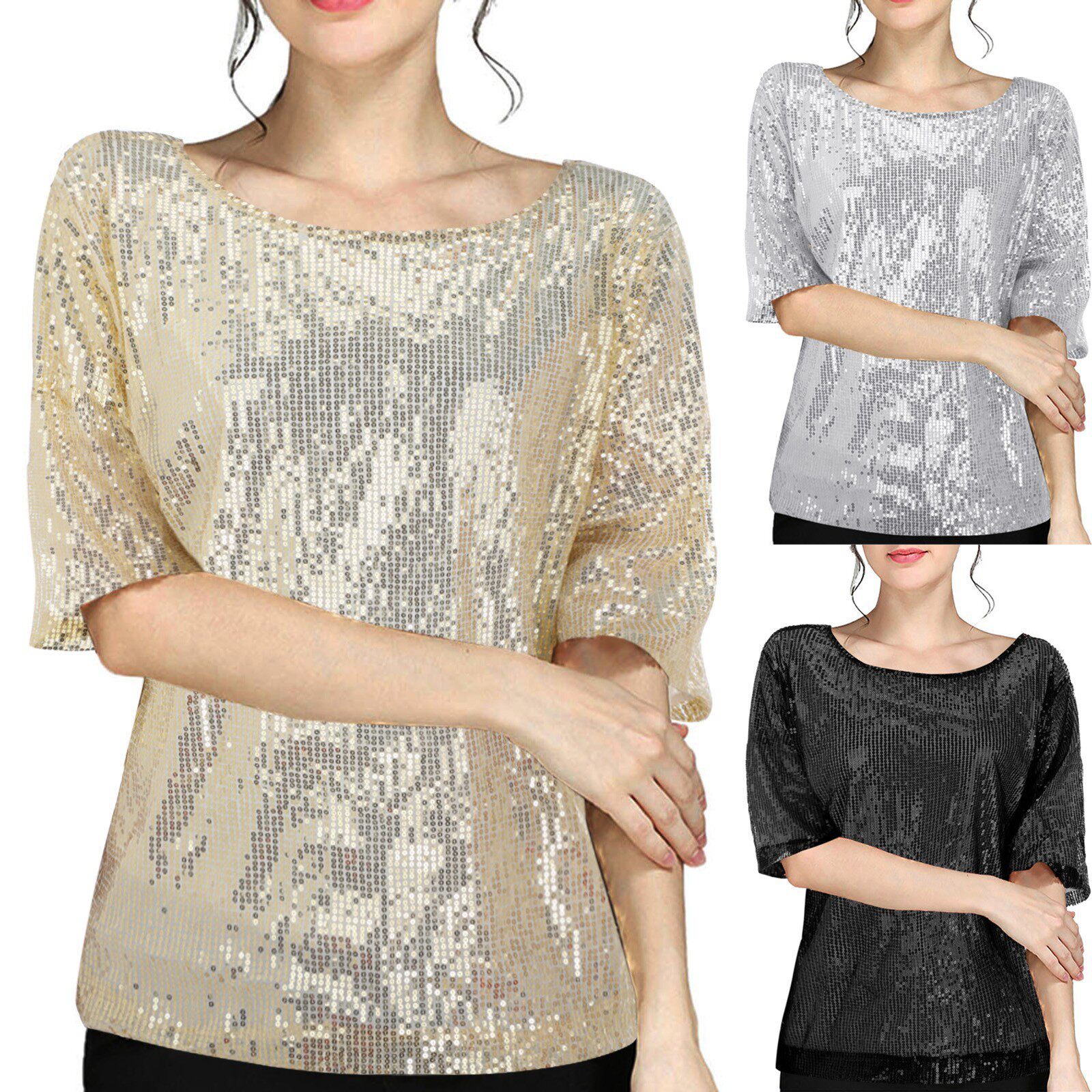 women solid color bead top sequin T-shirt performance outfit