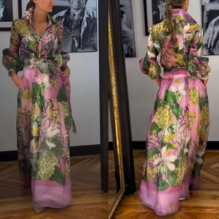 skirt 两件套 printed set piece two half sleeved long Women