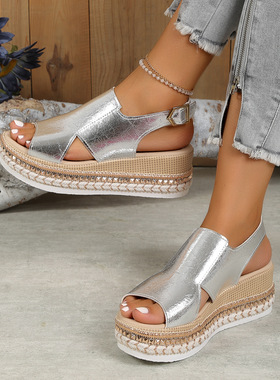 silver sponge shiny buckle strap, flat bottom women's shoes