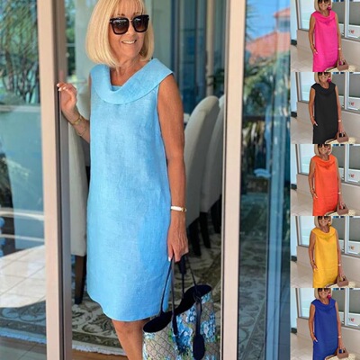 Casual loose collared sleeveless solid color dress 连衣裙