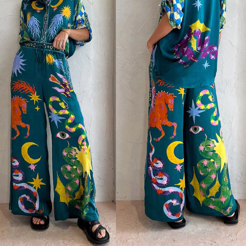 casual printed straight leg pants elastic waist casual pants