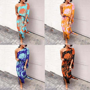 loose shoulder cinched women printed summer waist dress