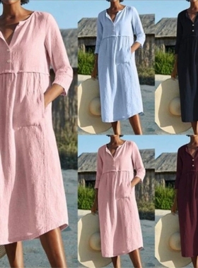 Round neck button pocket mid sleeve solid color dress 连衣裙