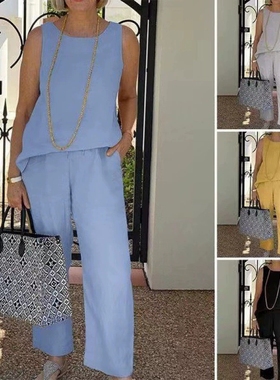 Sleeveless top 9-inch wide leg pants two-piece set for women