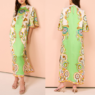 Summer print positioning satin slit long skirt dress 连衣裙