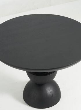中古实木黑色圆形设计师创意圆形复古家用餐桌侘寂风家用吃饭桌