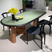 中古风椭圆形餐桌设计师款 包豪斯复古实木餐桌侘寂风双色家用饭桌