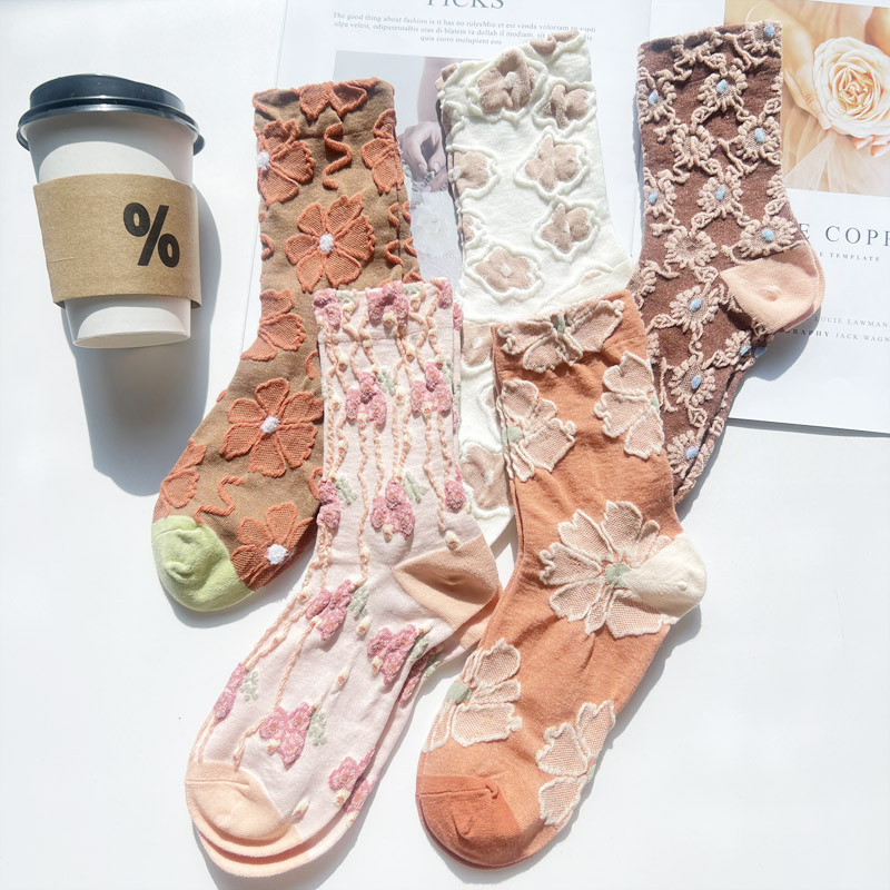 日系复古浮雕小花甜美可爱长袜